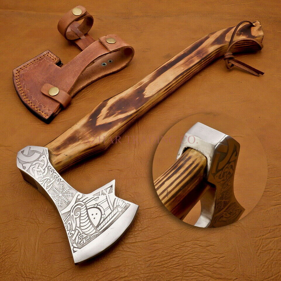 Handmade Viking Bearded Axe with Curved Engraved Blade