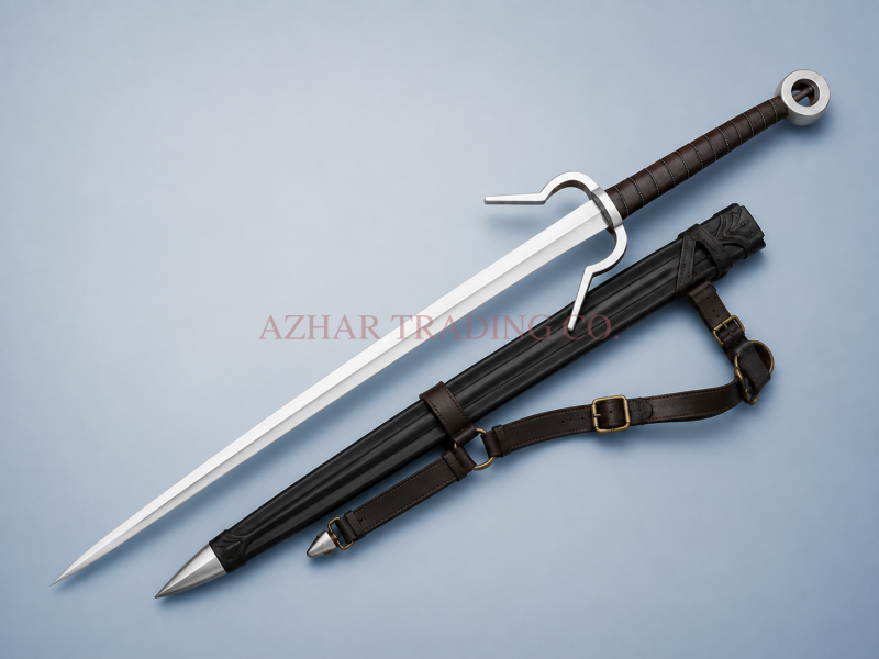 Wolf-Emblem Silver Fantasy Sword | Black Handle Ring Pommel