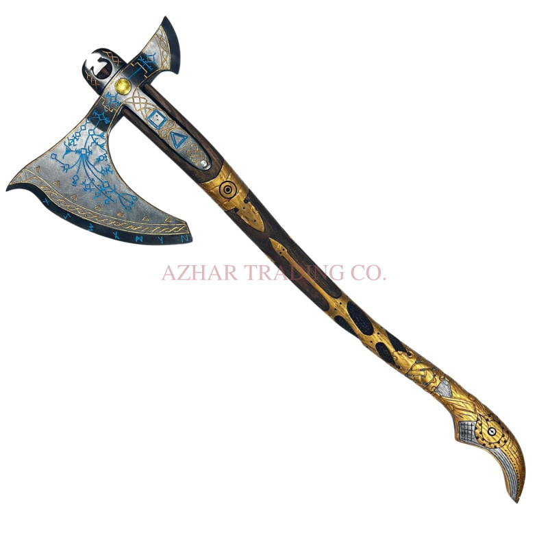 Blue Rune Norse Battle Axe | Deluxe Gold & Silver Display Axe