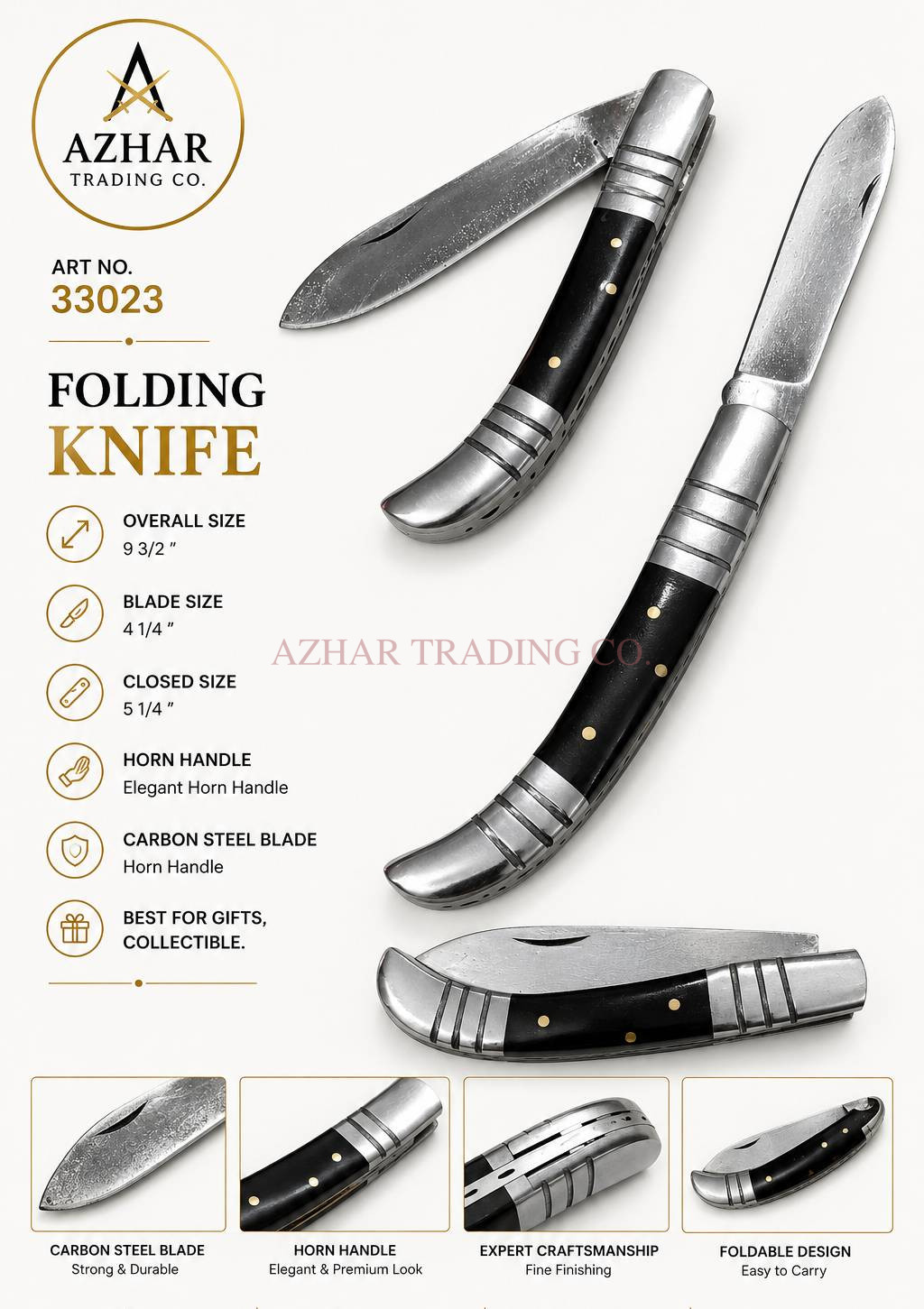 Horn Handle Folding Knife with Carbon Steel Blade
