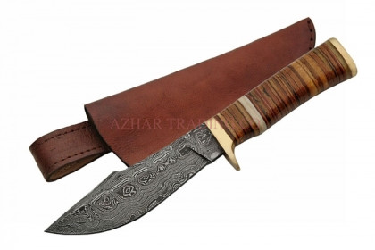 Damascus Leather Stacked Bowie Knife