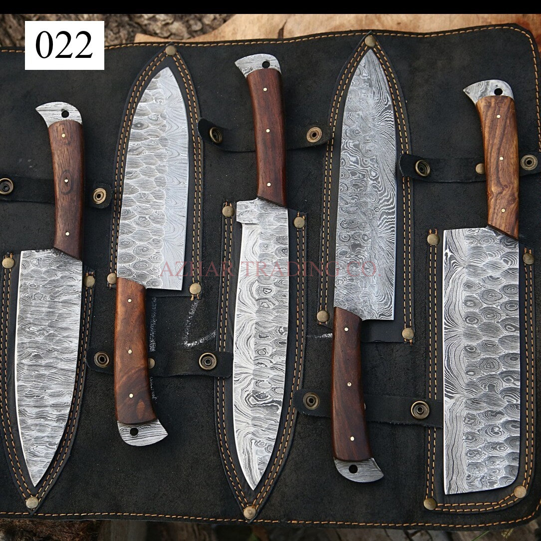 5 Piece Damascus Kitchen Knife Set with Leather Roll