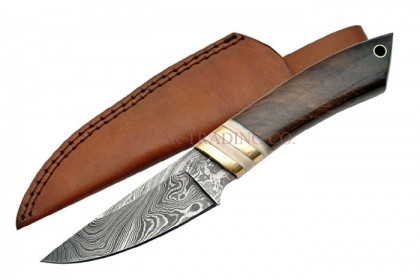 Damascus Hunter Knife (Wood Handle & Brass Bolster)