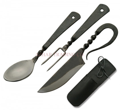 Hand Forged Medieval Cutlery Set with Leather Pouch