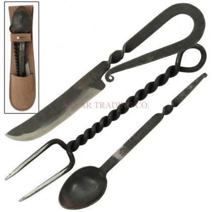 Hand Forged Travel Cutlery Set with Twisted Handle and Leather Pouch