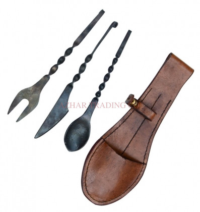 Hand Forged Twisted Handle Cutlery Set with Leather Sheath