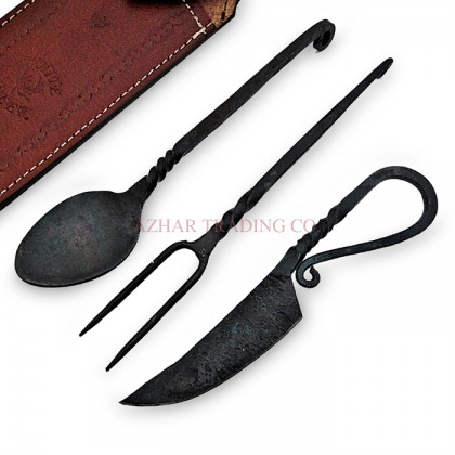 Hand Forged Medieval Dining Cutlery Set with Loop Handle Knife