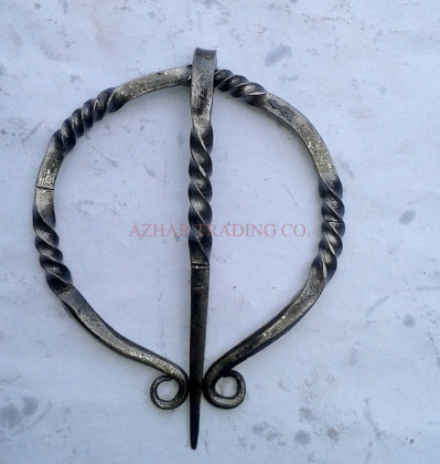 Hand Forged Twisted Circular Cloak Pin with Scroll Ends