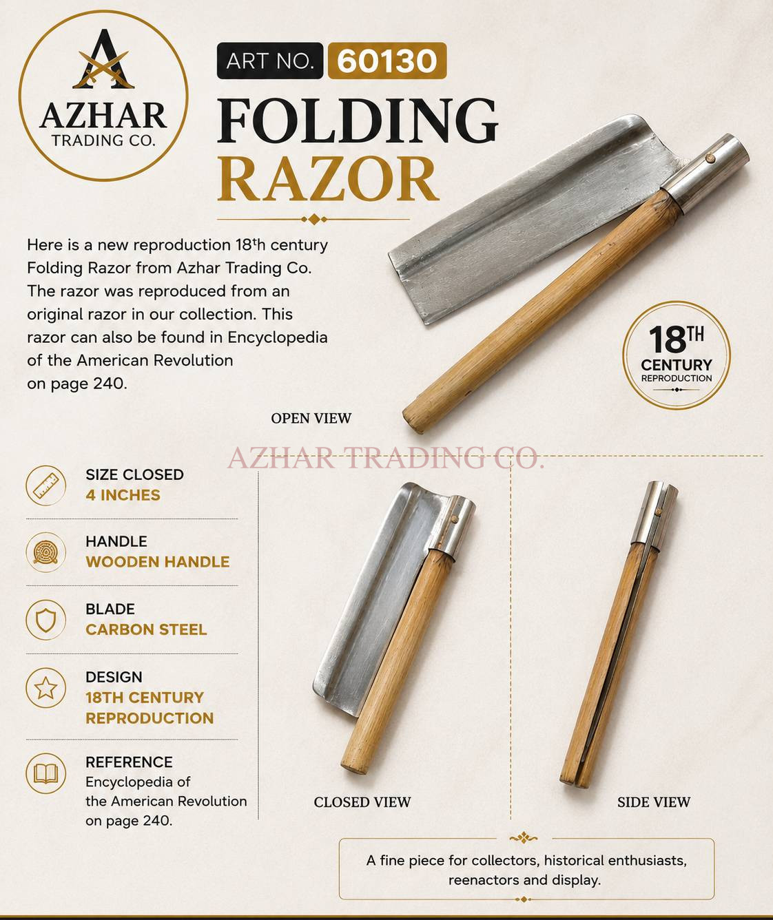 18th Century Folding Razor with Wooden Handle