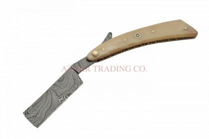 Damascus Straight Razor with Bone Handle & Brass Liner