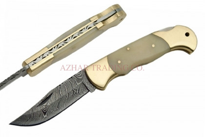 Damascus Folding Knife with Bone Handle