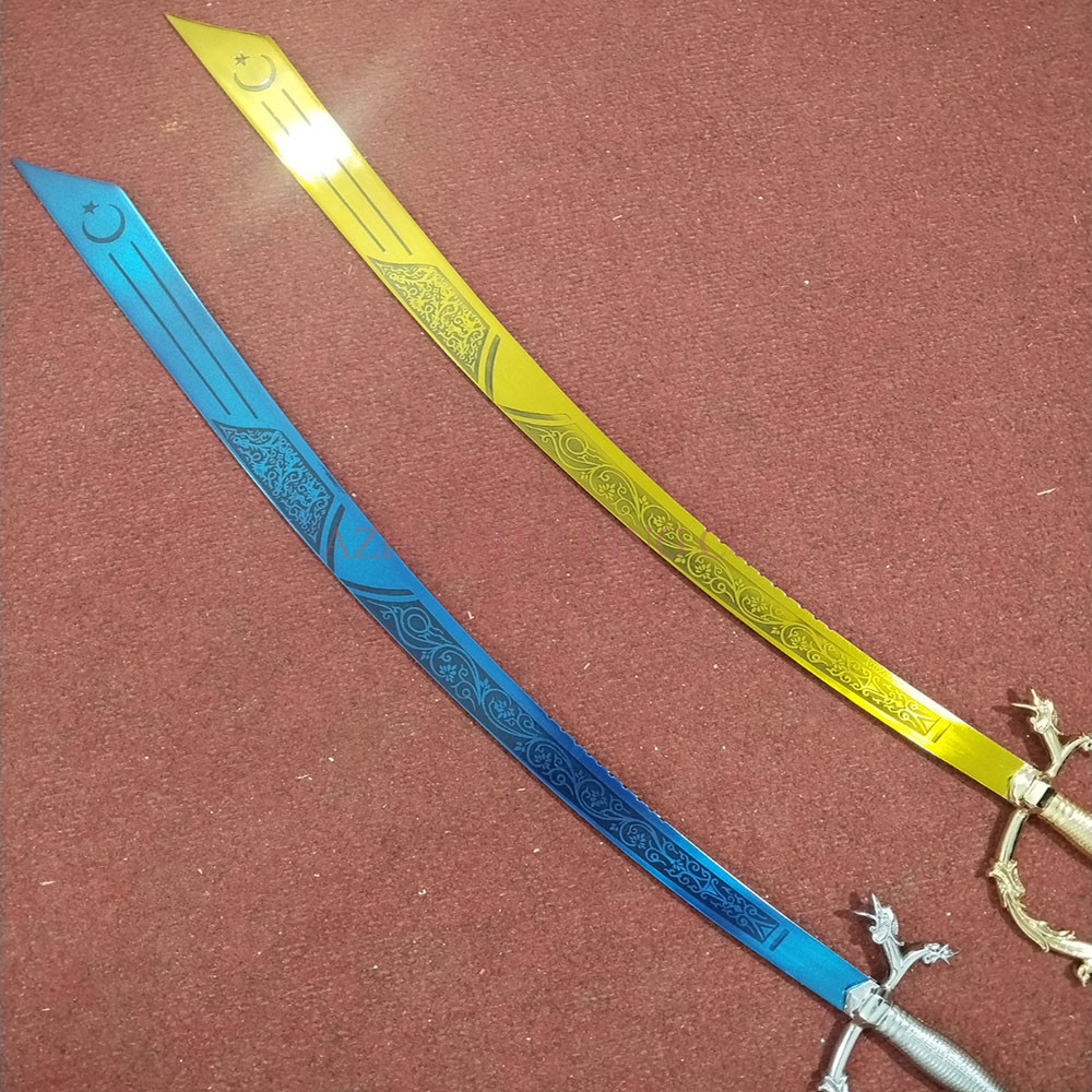 34-Inch Crescent Moon Belly Dance Sword with Ornate Dragon Handle – Blue & Gold image 3