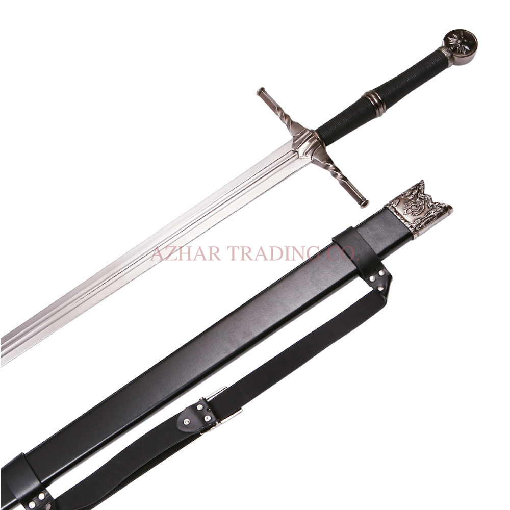 Wolf-Emblem Silver Fantasy Sword | Black Wrapped Handle | Decorative Scabbard image 2