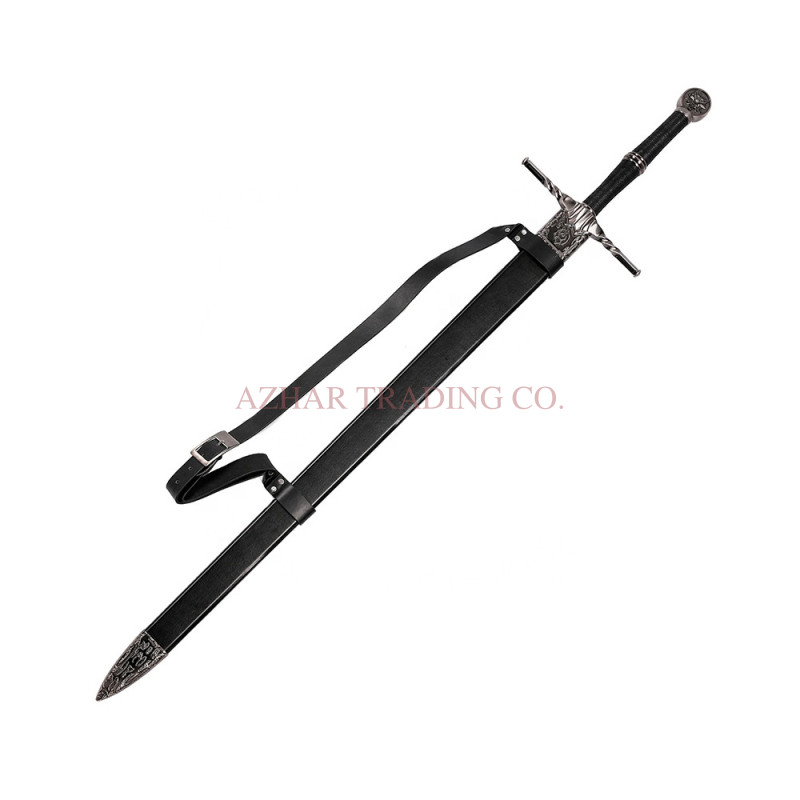 Wolf-Emblem Silver Fantasy Sword | Black Wrapped Handle | Decorative Scabbard