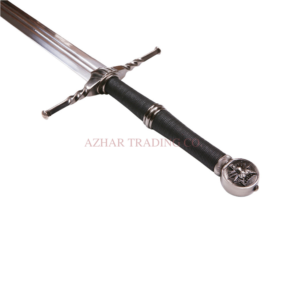 Wolf-Emblem Silver Fantasy Sword | Black Wrapped Handle | Decorative Scabbard image 3