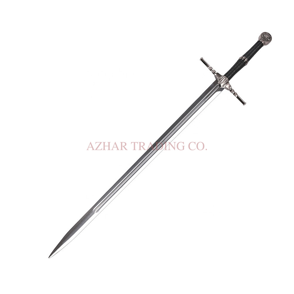 Wolf-Emblem Silver Fantasy Sword | Black Wrapped Handle | Decorative Scabbard image 4